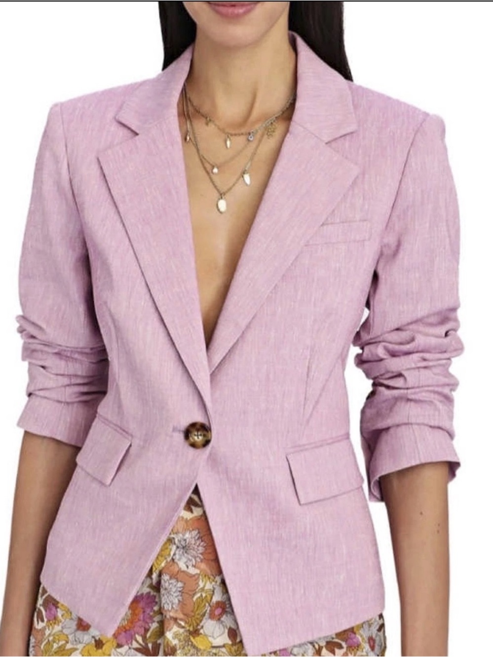 Veronica Beard Light Pink Single-Button Ruched-Sleeve Blazer